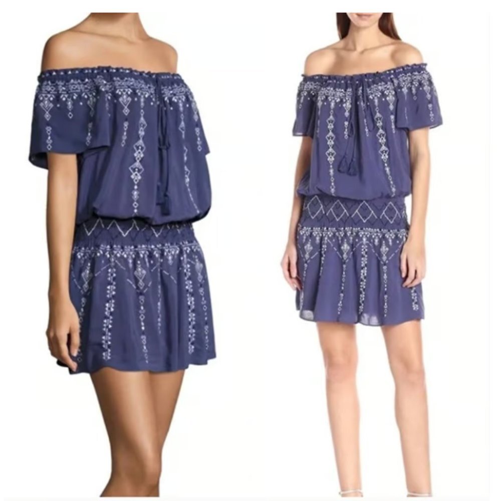 PARKER | Purple Drop Waist Embroidered Off-Shoulder Peasant Dress Sz S